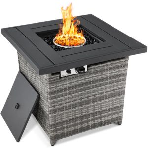 28-Inch Wicker Propane Fireplace Pit Desk with Fake Wooden High and 50,000 BTU, Contains Cowl