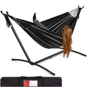 Double Hammock for Two in Brazilian Type with Carrying Bag and Metal Stand