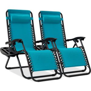 Pair of Adjustable Zero Gravity Reclining Patio Chairs with Cup Holders